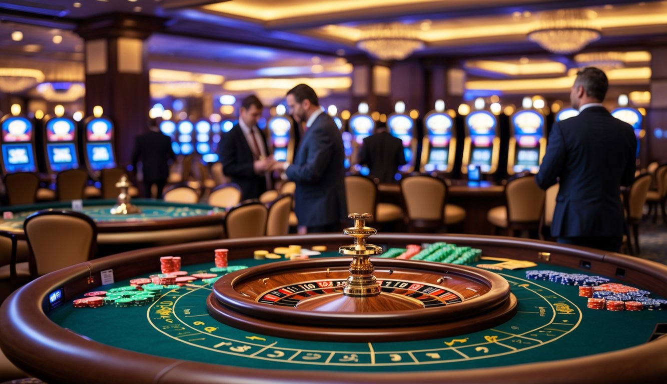 Interior kasino mewah dengan meja permainan, mesin slot, dan orang-orang yang sedang bermain.