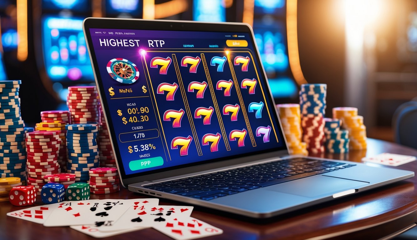 Laptop dengan tampilan permainan kasino online, dikelilingi oleh chip poker, kartu remi, dan dadu di atas meja kayu.
