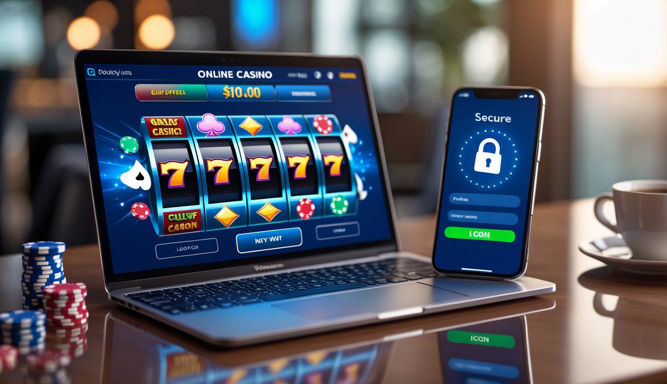 Seorang pengguna sedang mengakses kasino online aman melalui laptop dan ponsel di meja dengan chip poker dan dadu di sekitar.