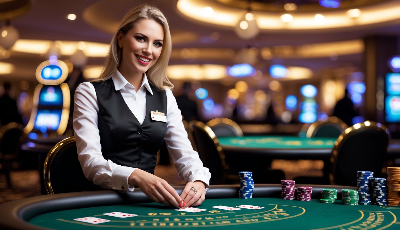 Seorang dealer kasino wanita yang tersenyum sedang membagikan kartu di meja permainan kasino.