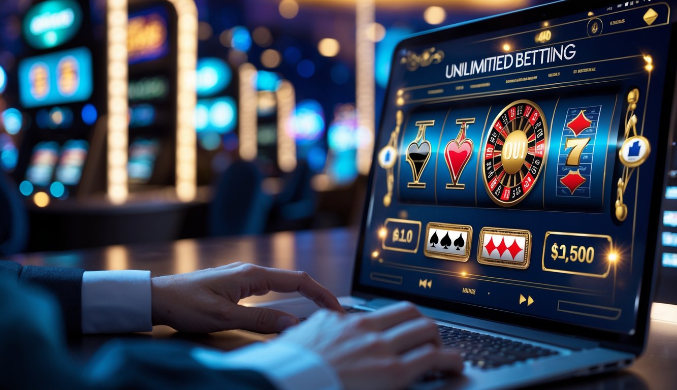 Seseorang menggunakan komputer dengan tampilan permainan kasino online yang menampilkan chip poker, kartu remi, roda roulette, dan mesin slot.
