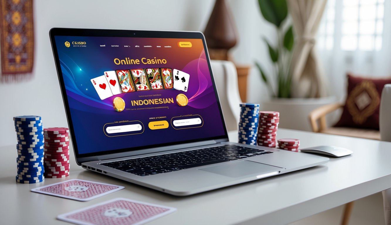 Seorang profesional sedang menggunakan laptop dengan tampilan situs kasino online Indonesia, dikelilingi oleh chip poker dan kartu remi di meja kerja yang rapi.