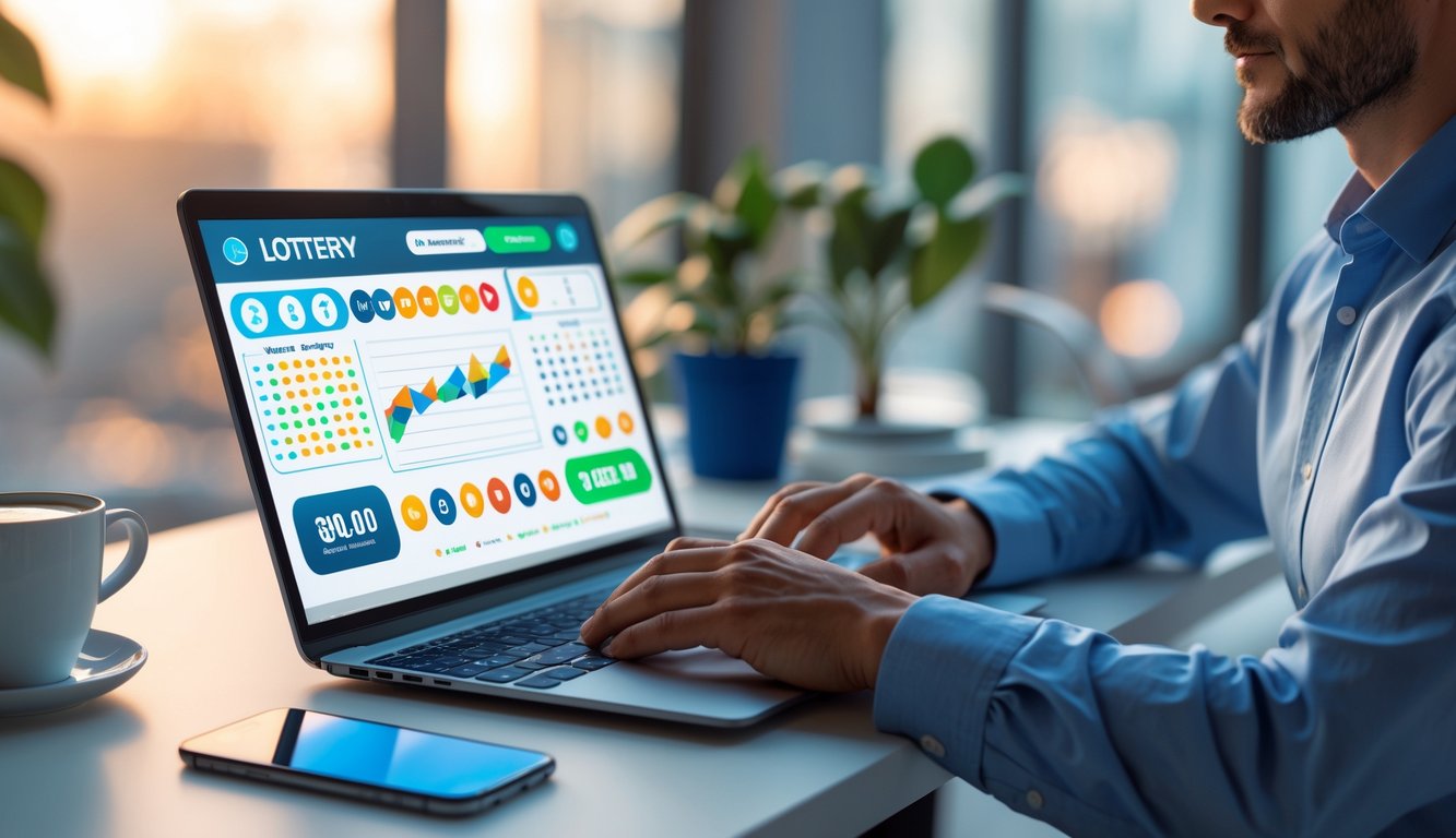 Seorang pria menggunakan laptop di meja kerja dengan antarmuka lotere digital yang terlihat di layar, di ruang kerja yang rapi dan nyaman.