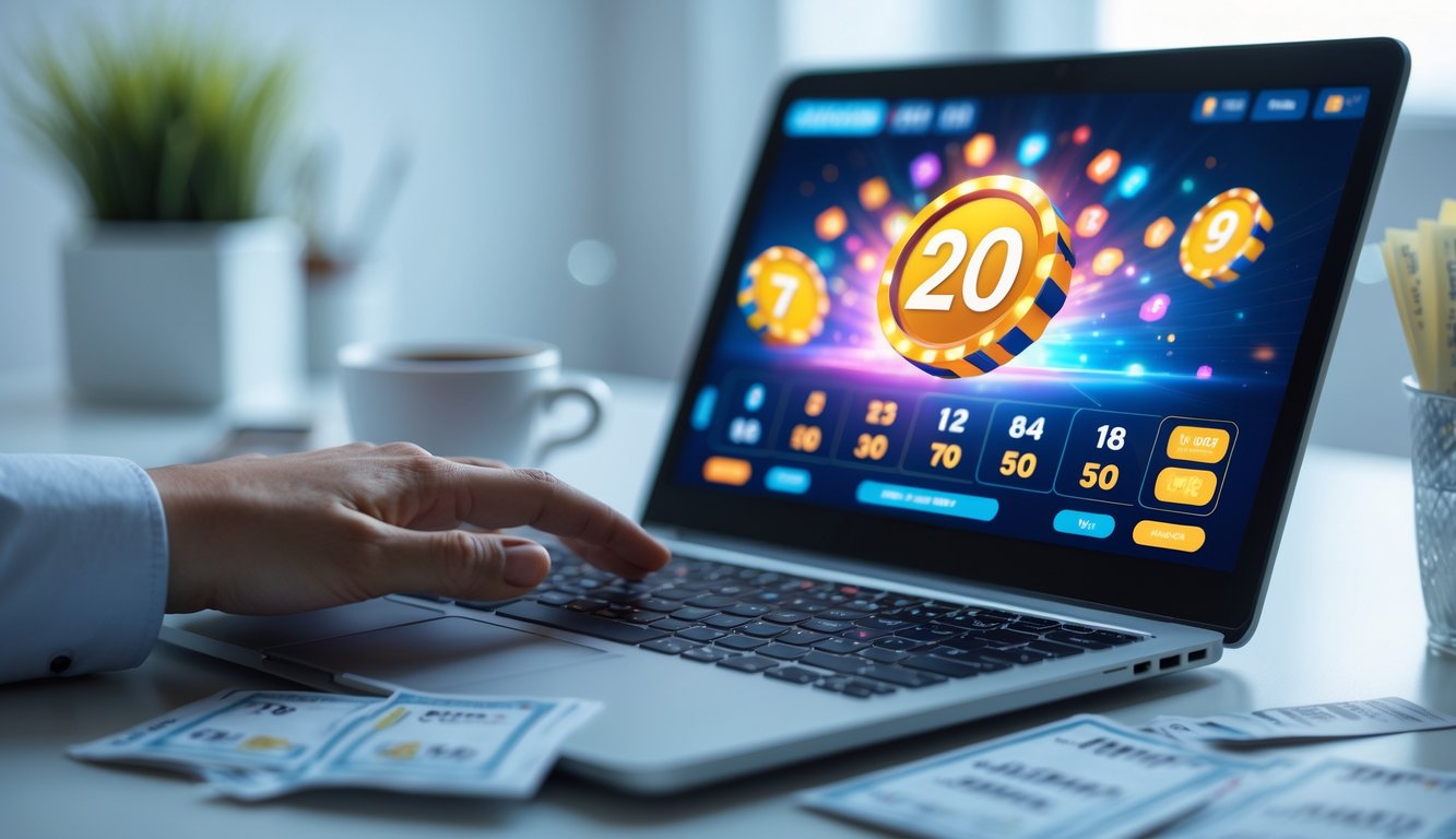 Seseorang menggunakan laptop dengan layar menampilkan antarmuka lotere online yang berwarna-warni di sebuah meja kerja yang rapi.