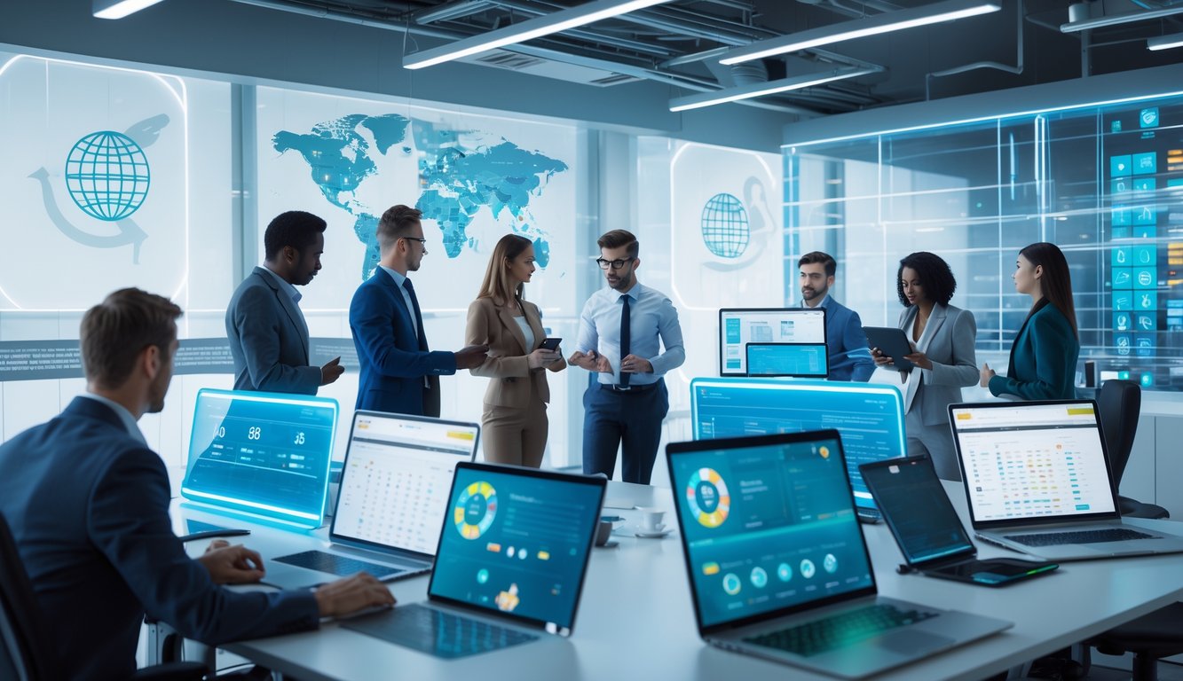 Orang-orang bekerja di kantor modern dengan layar digital yang menampilkan data dan grafik terkait permainan togel resmi.