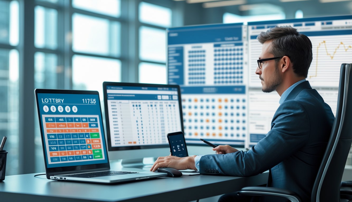 Seorang profesional duduk di meja kantor modern sambil menganalisis data pada layar digital.