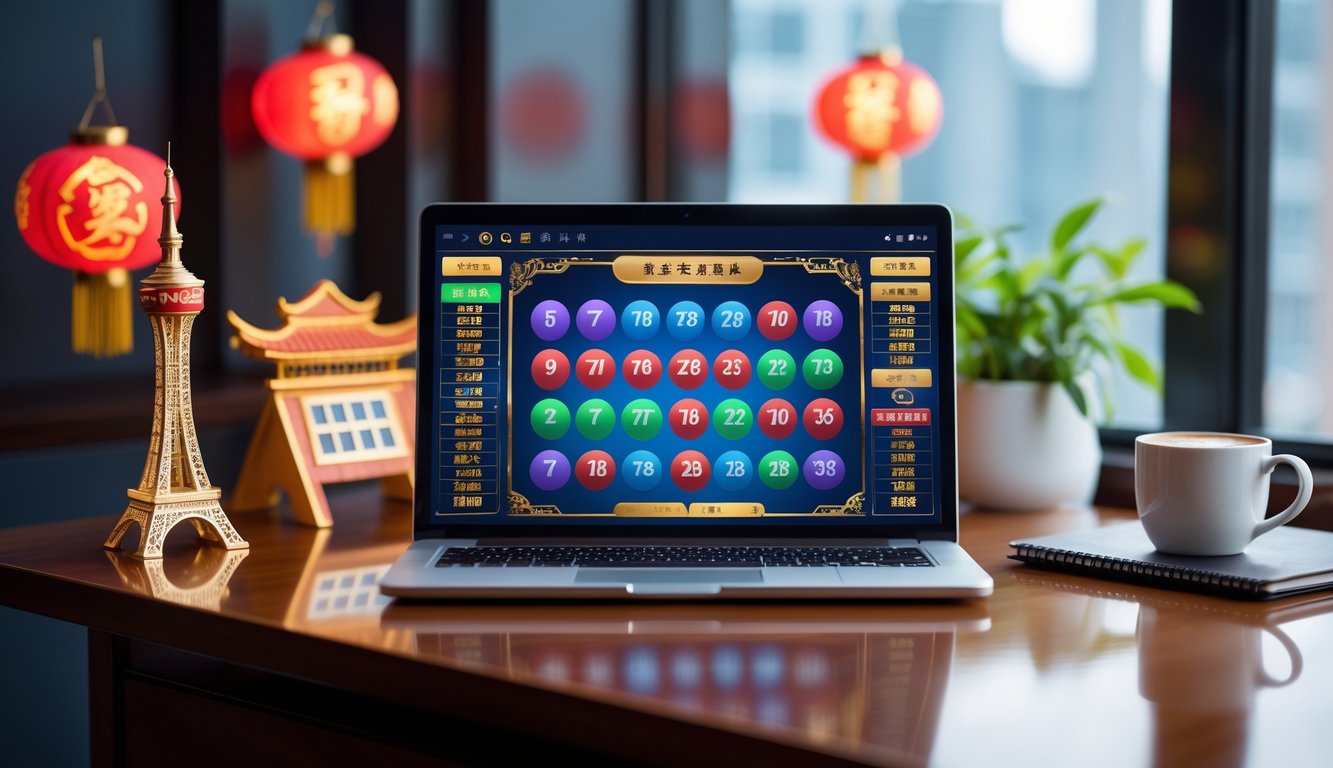 Seorang pengguna sedang bermain lotere online dengan laptop di meja kayu, dengan dekorasi kecil bertema Macau di latar belakang.