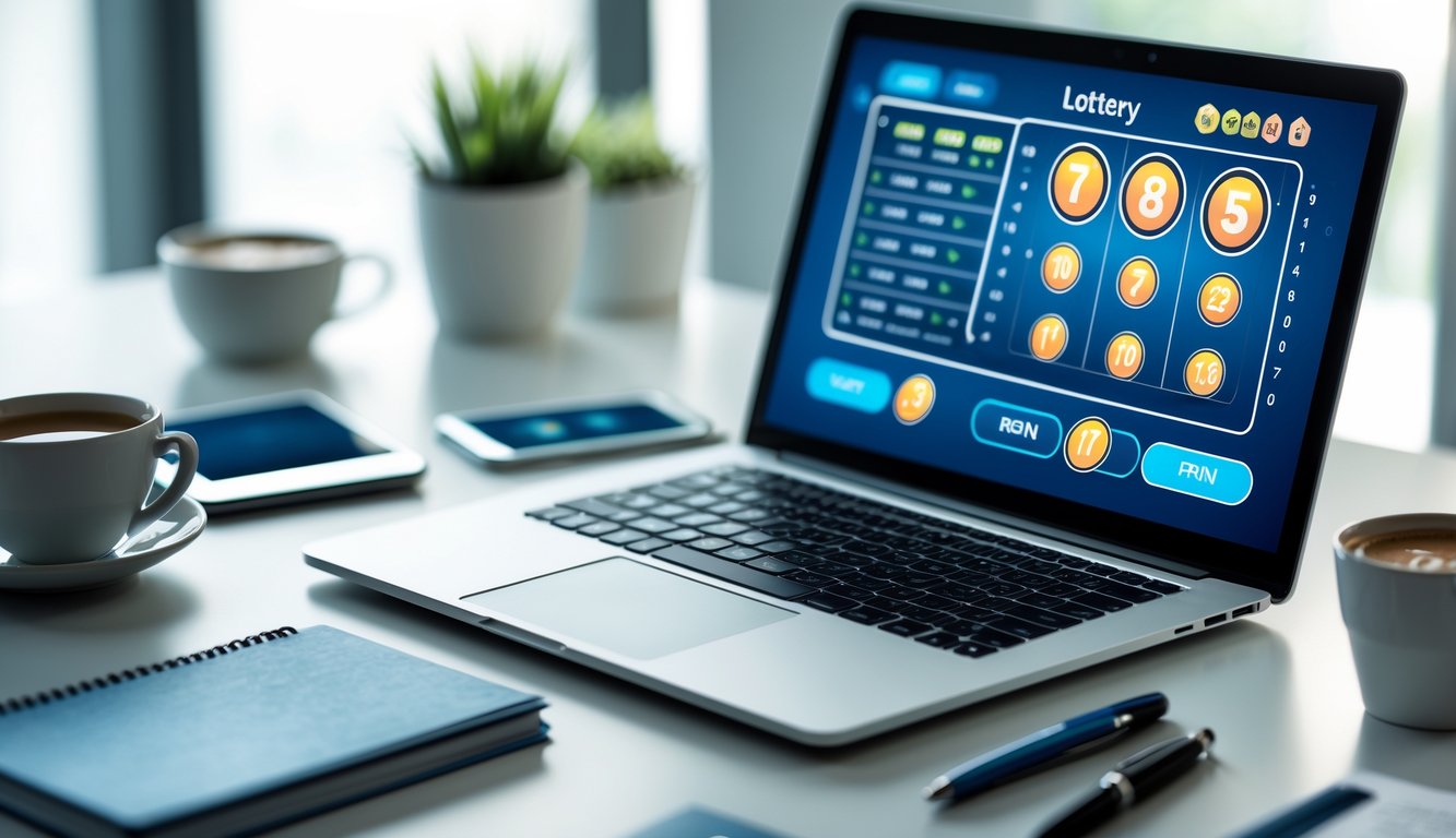 Meja kerja modern dengan laptop menampilkan antarmuka lotere digital dan smartphone dengan aplikasi taruhan.