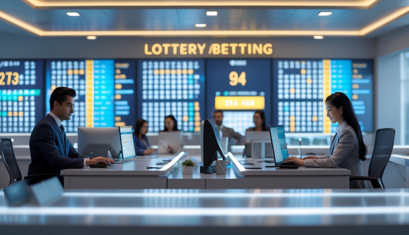 Suasana kantor modern dengan beberapa orang profesional yang bekerja menggunakan komputer dan layar digital menampilkan angka lotre.