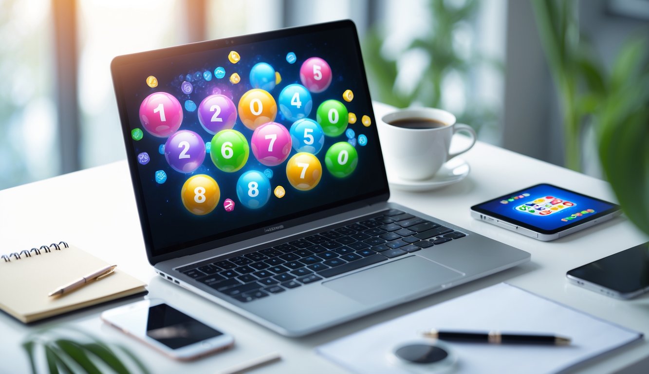 Seorang laptop di meja dengan layar menampilkan bola lotere berwarna-warni dan angka digital, dikelilingi oleh ponsel, cangkir kopi, dan buku catatan.