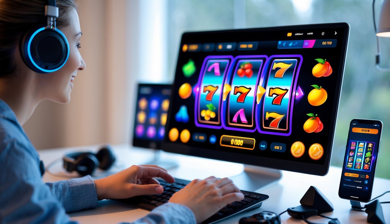 Seorang pengguna bermain permainan slot online di komputer dengan layar penuh warna dan simbol mesin slot yang cerah.