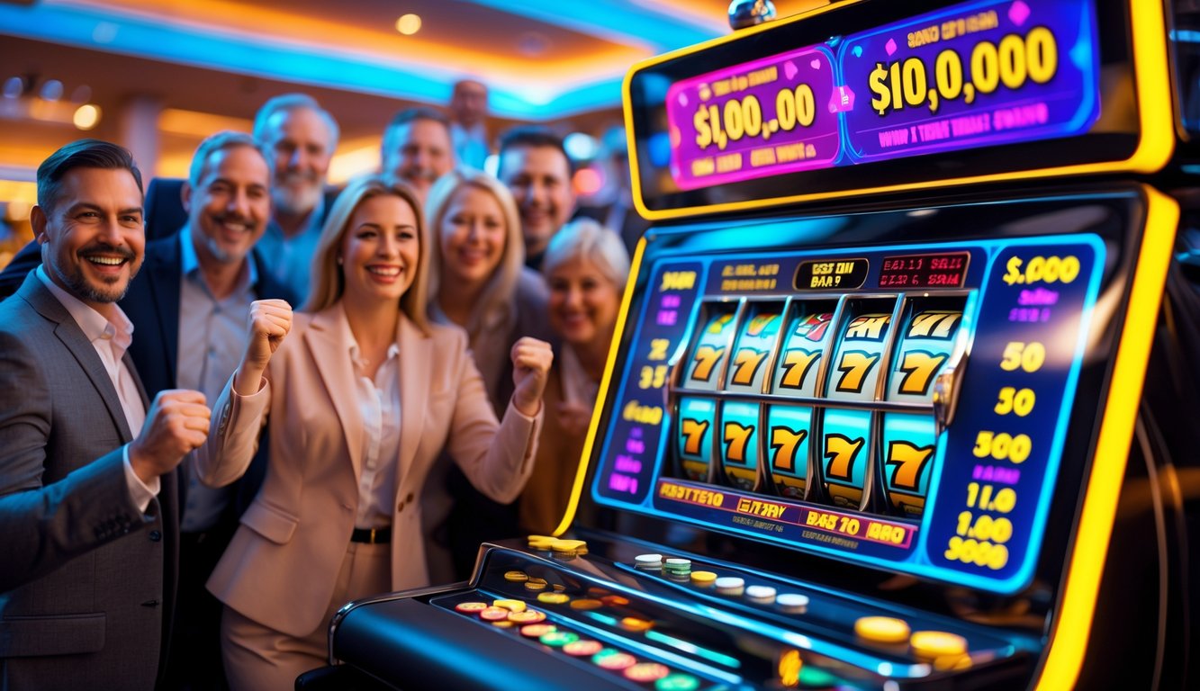 Orang-orang yang senang di kasino dengan mesin slot modern yang sedang memberikan kemenangan besar.