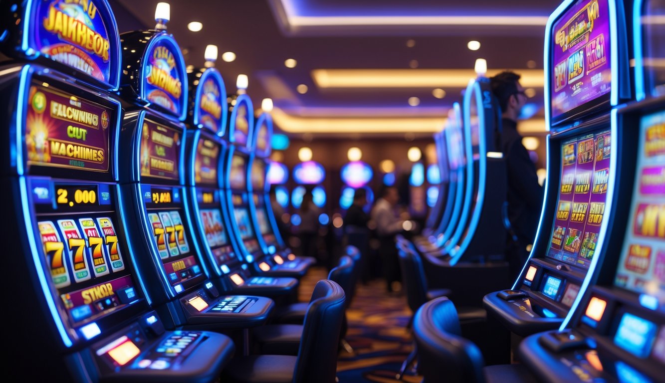 Suasana kasino modern dengan deretan mesin slot yang menyala dan berwarna-warni, menampilkan pemain yang sedang menikmati permainan.