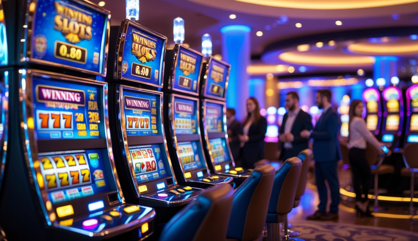 Suasana kasino modern dengan deretan mesin slot berwarna-warni yang menyala dan beberapa orang sedang bermain dengan senang.