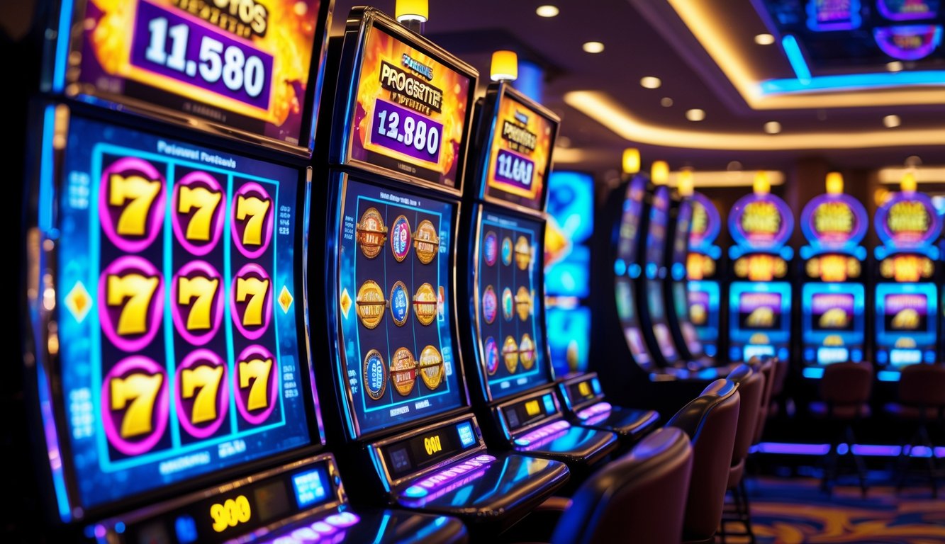Area mesin slot di kasino dengan layar berwarna cerah dan simbol jackpot progresif yang sedang berputar.