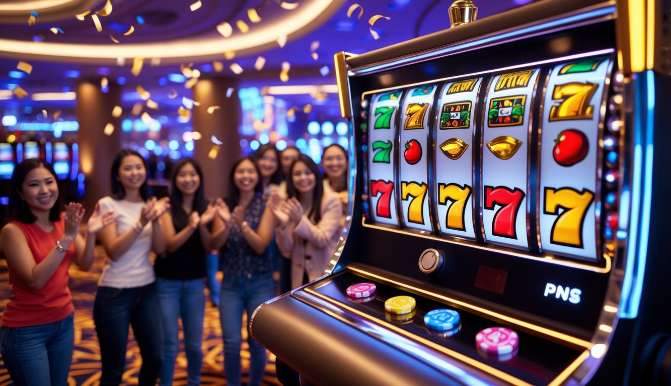 Orang-orang bahagia berkumpul di sekitar mesin slot modern yang menunjukkan simbol kemenangan di dalam kasino yang terang dan mewah.