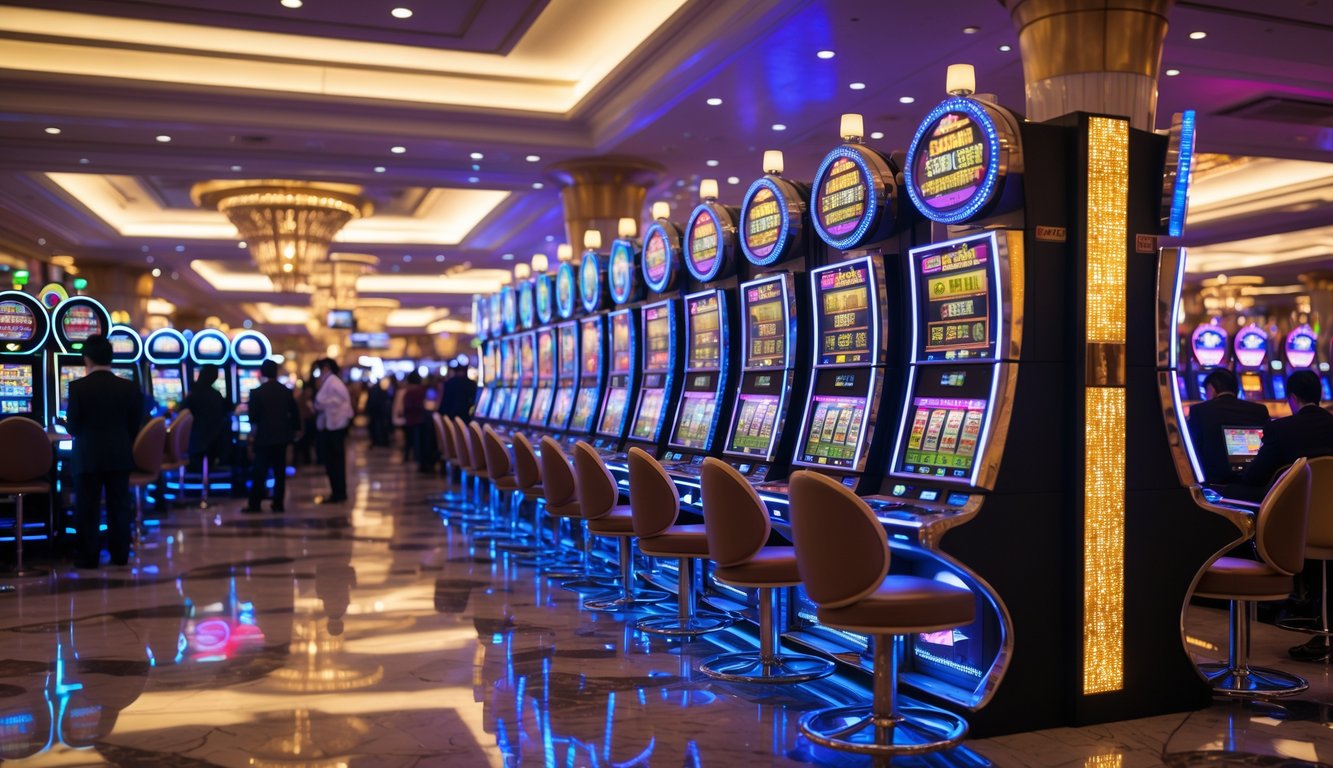 Area mesin slot yang mewah dan sibuk di kasino Macau dengan beberapa mesin slot berwarna-warni dan pemain yang sedang bermain.