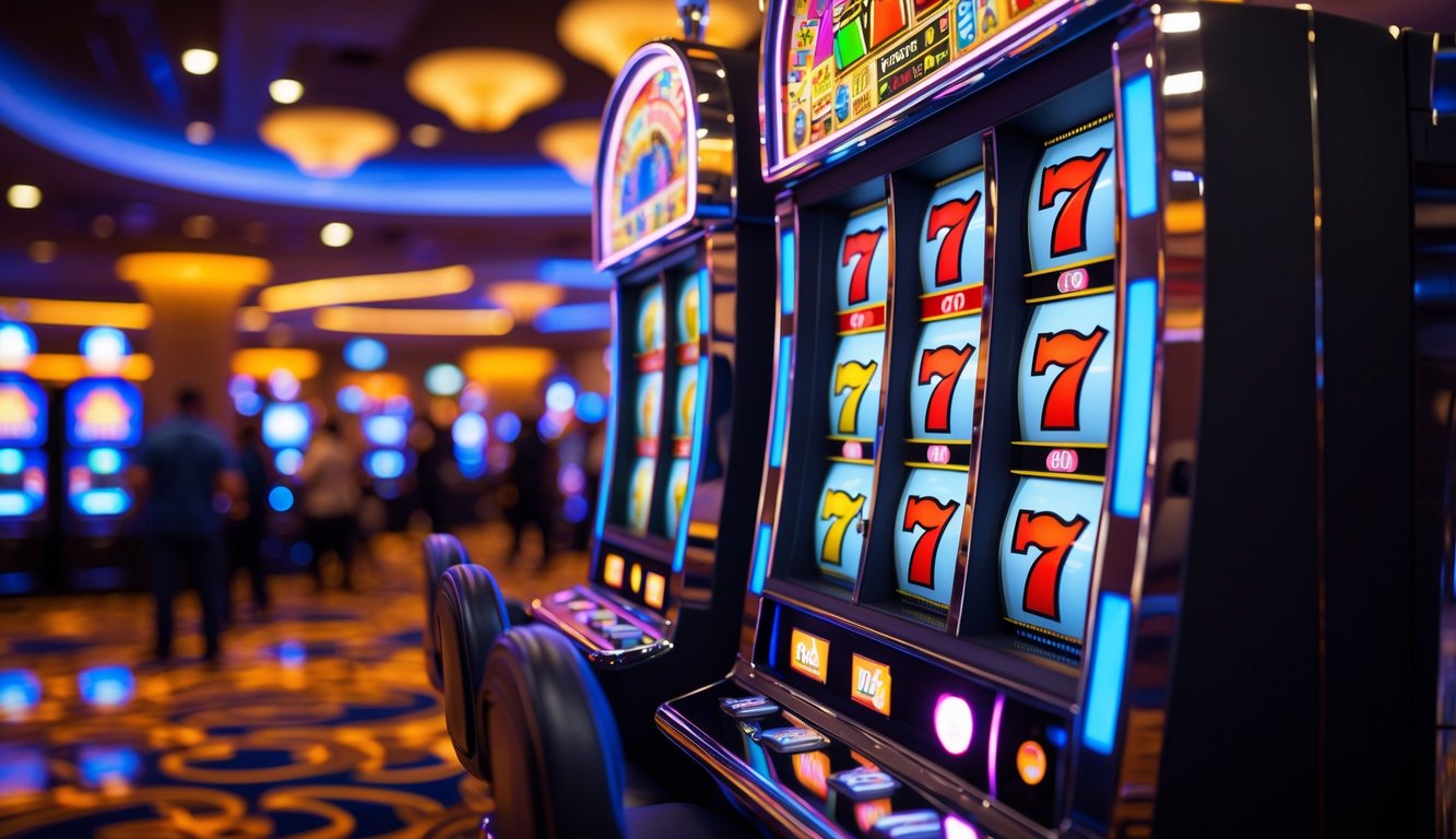 Mesin slot modern berwarna cerah di dalam kasino dengan latar belakang orang-orang yang menikmati suasana.