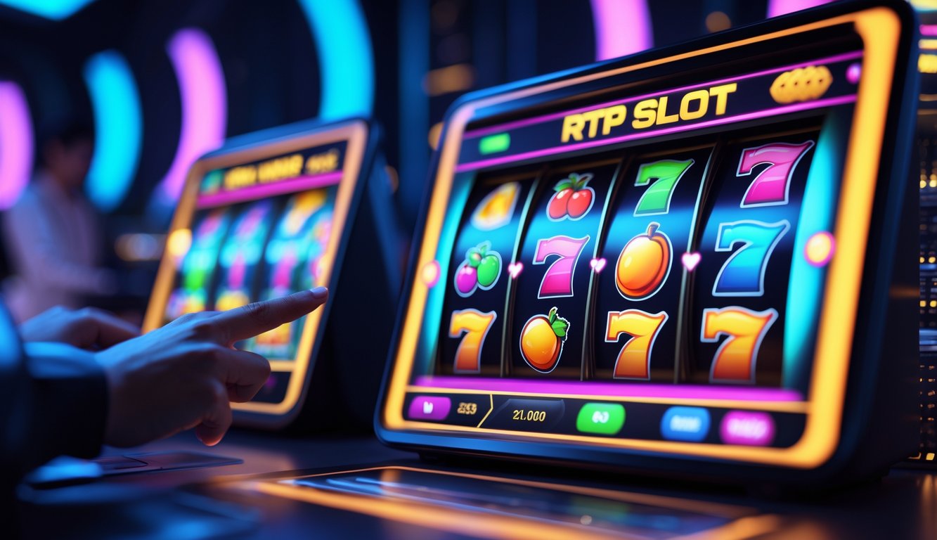 Tampilan antarmuka permainan slot digital dengan layar mesin slot berwarna-warni dan latar belakang gelap dengan aksen neon.