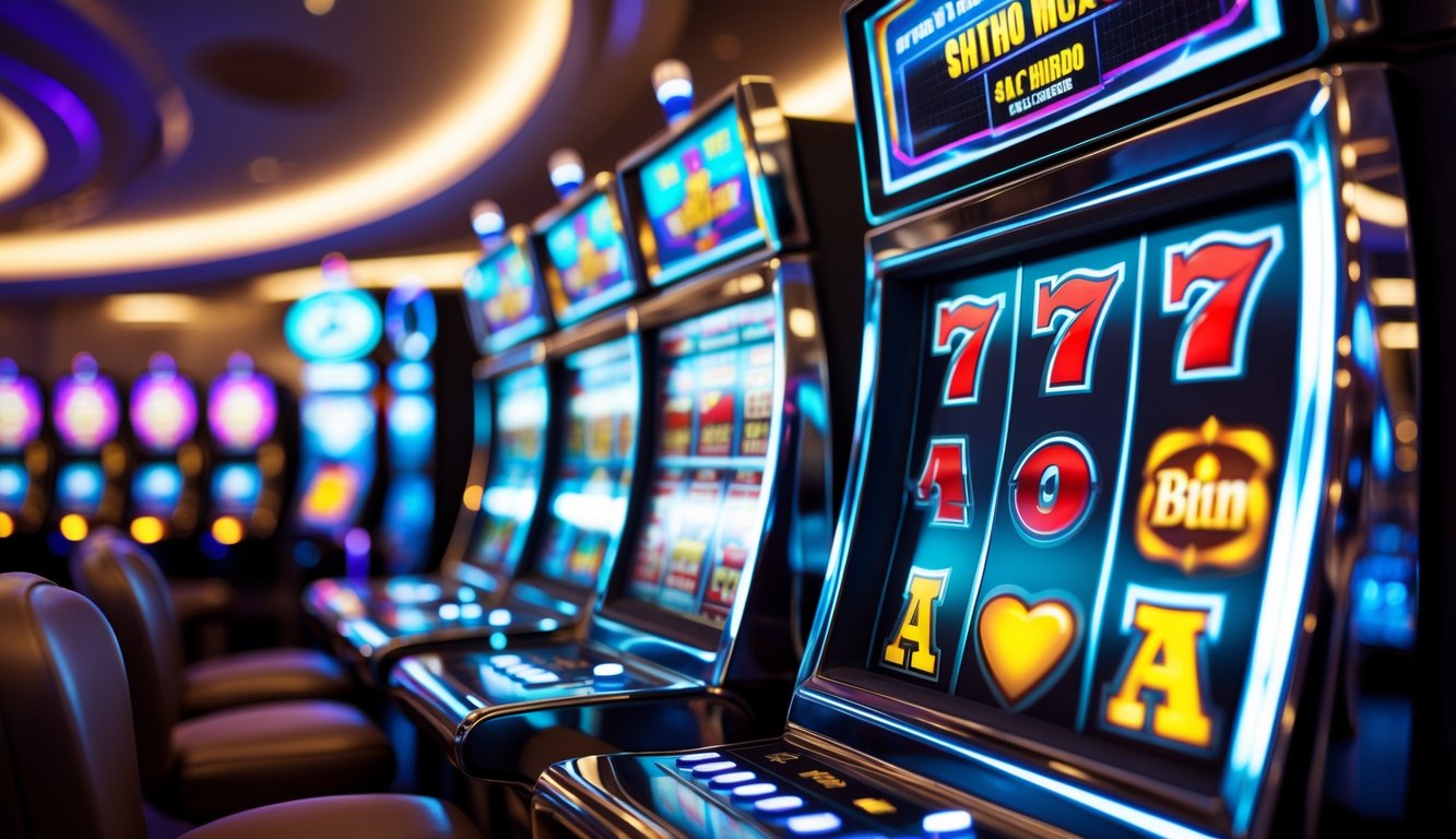 Suasana kasino modern dengan mesin slot yang berwarna-warni dan pencahayaan yang terang.