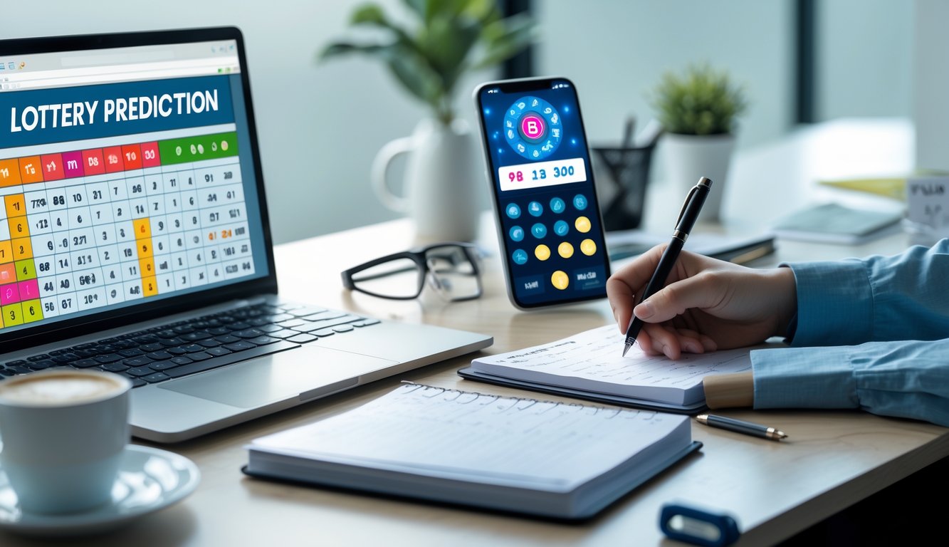 Meja kerja modern dengan laptop, tangan seseorang menulis di buku catatan, dan ponsel yang menampilkan aplikasi lotere.