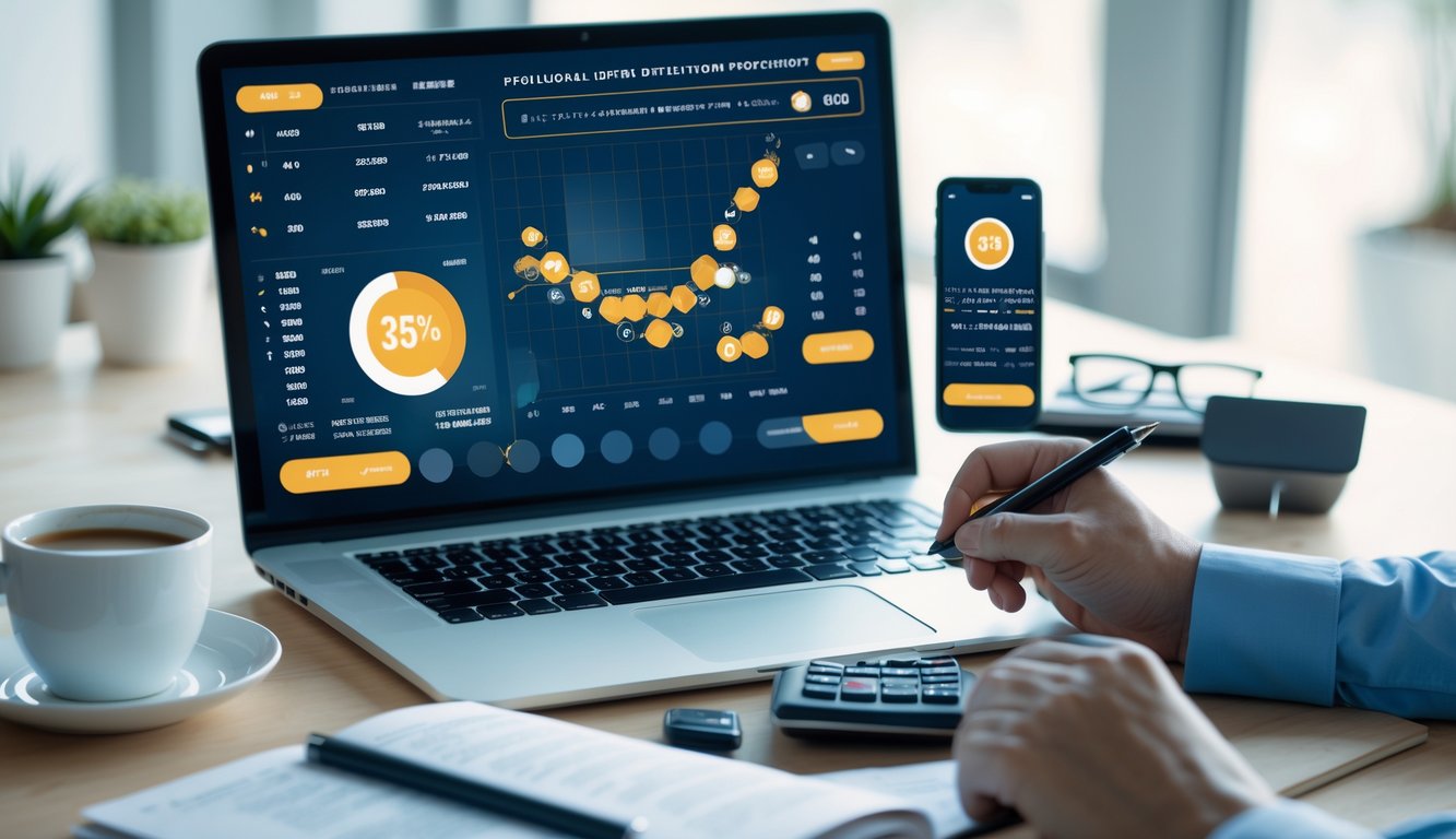 Seorang pria bekerja di meja dengan laptop, buku catatan, dan smartphone yang menampilkan data angka, dalam suasana kerja yang tenang dan fokus.