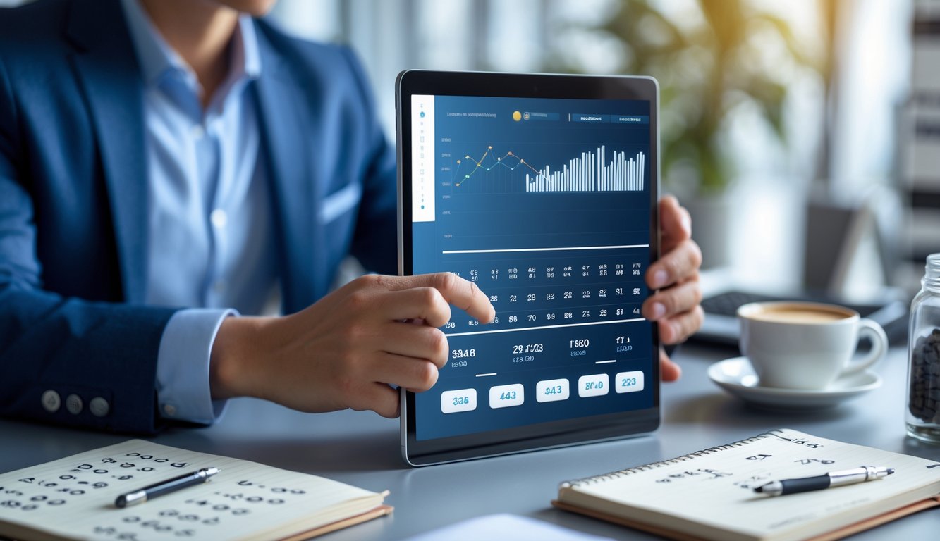 Seseorang sedang menganalisis angka togel pada perangkat digital di meja kerja dengan alat tulis dan kopi di sekitarnya.