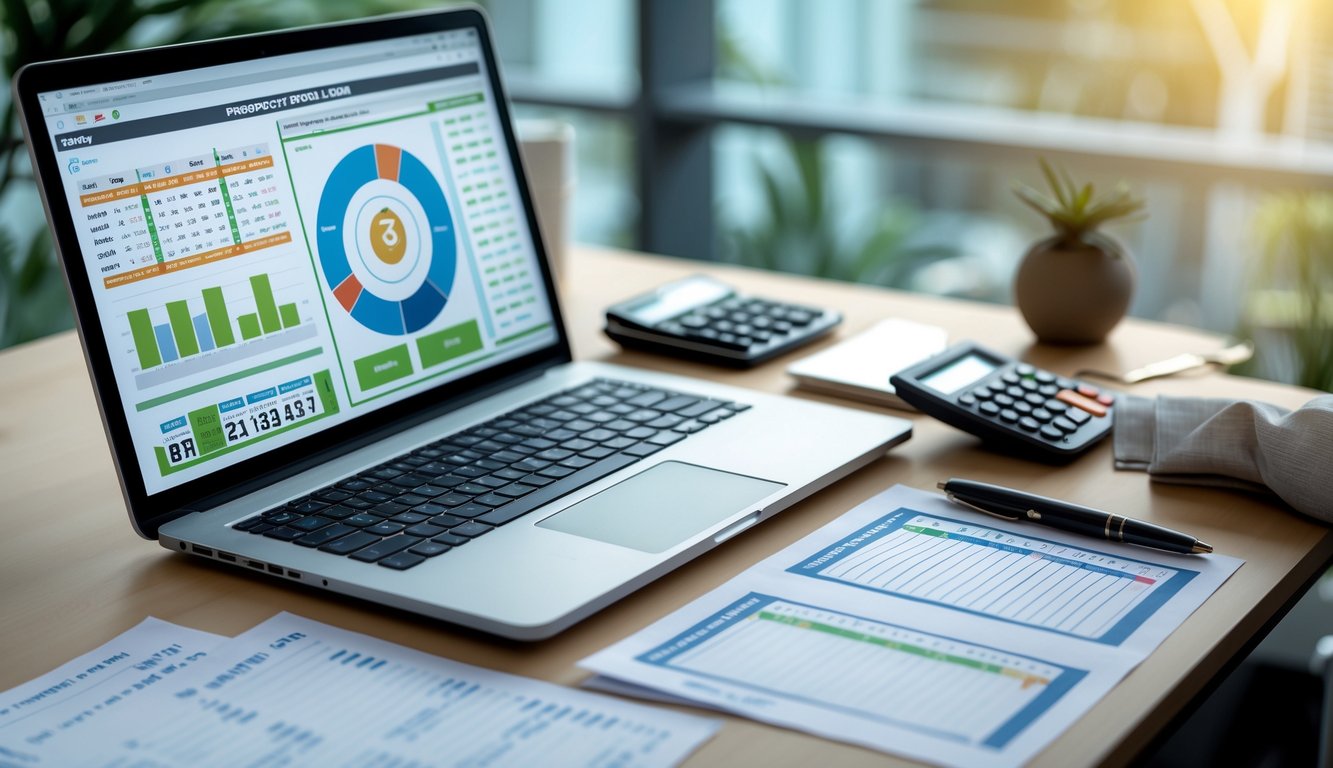 Meja kerja modern dengan laptop, kalkulator, dan kertas berisi data angka yang digunakan untuk prediksi togel SGP.