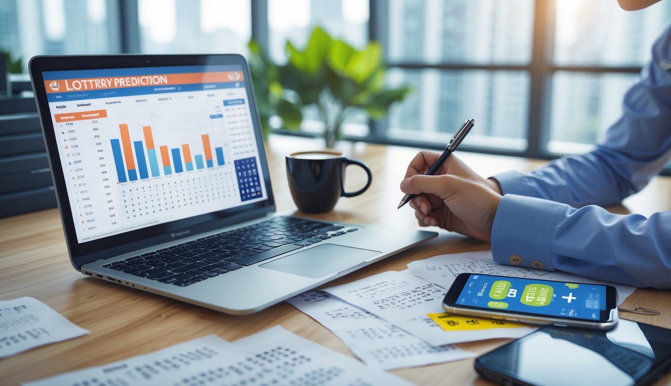 Seorang pria di meja kerja modern sedang menganalisis data dengan laptop dan smartphone di ruang kantor yang terang.