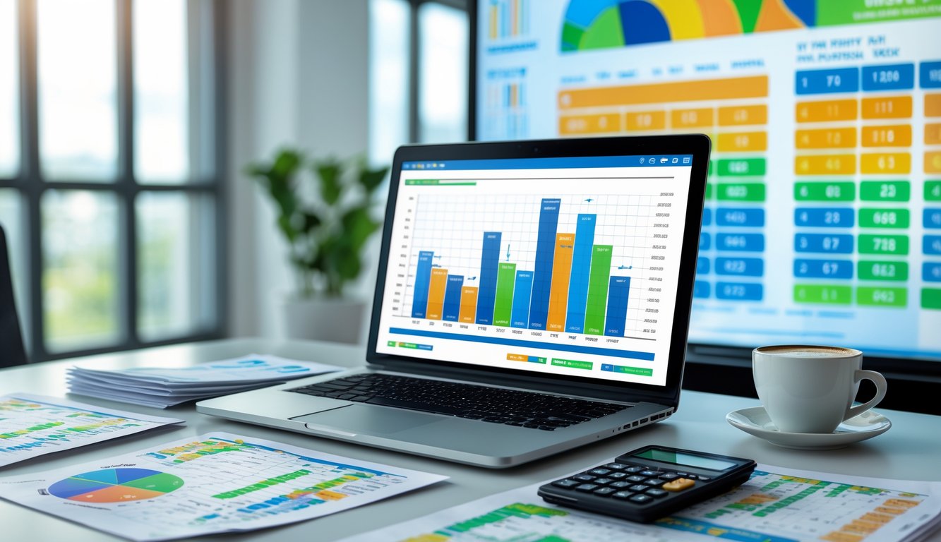 Meja kerja modern dengan laptop, kertas berisi grafik dan angka, kalkulator, dan secangkir kopi, menampilkan suasana analisis data togel.