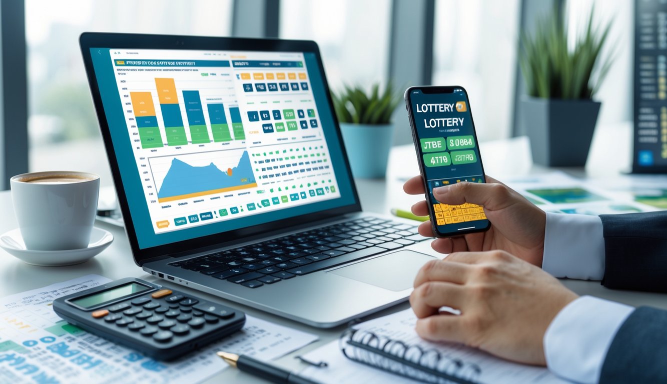 Seseorang sedang menganalisis data lotere di meja kerja dengan laptop, ponsel, dan alat tulis di ruangan kantor yang terang.
