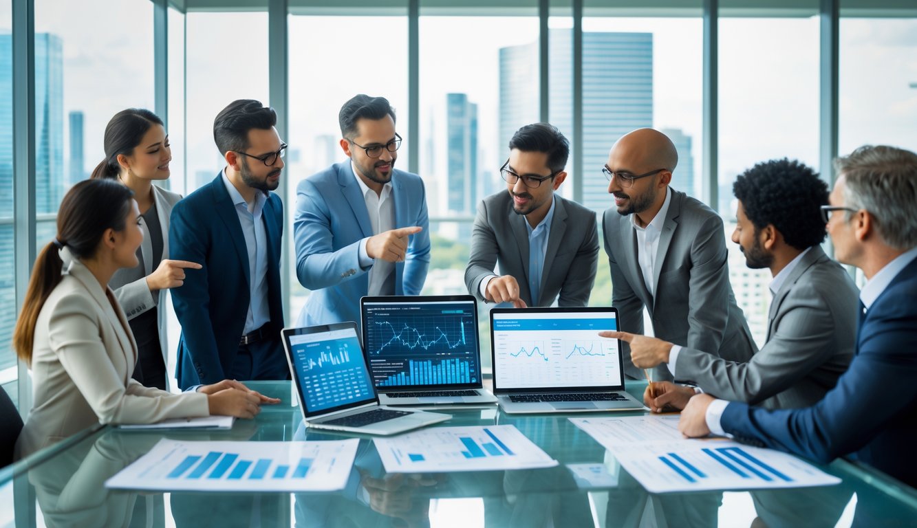 Sekelompok profesional sedang berdiskusi di kantor modern dengan laptop dan grafik data di meja.