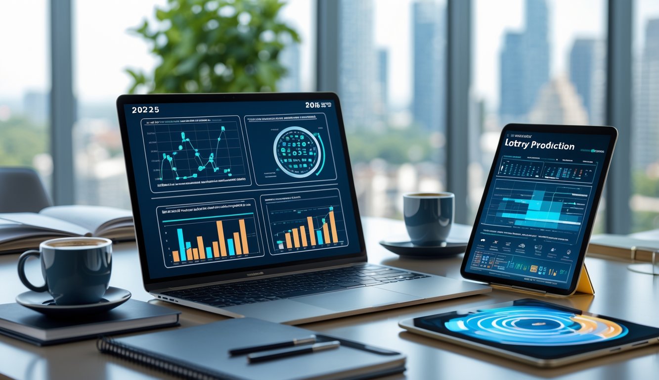 Meja kerja modern dengan perangkat digital dan alat tulis di ruang kantor terang dengan pemandangan kota.