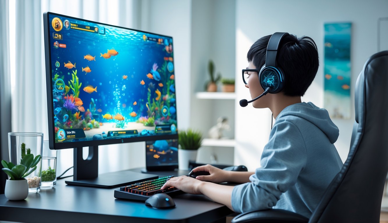 Seseorang sedang bermain game judi tembak ikan online di komputer di ruang kerja modern.