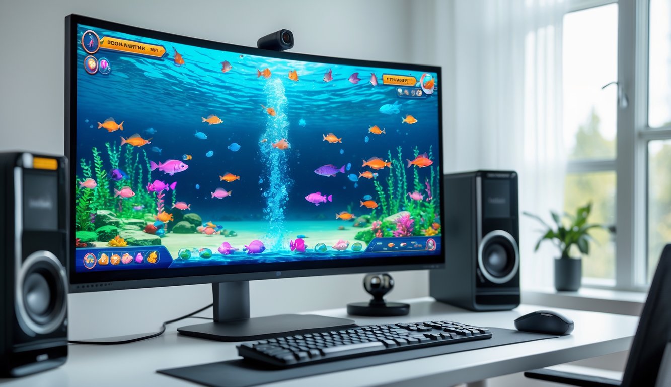 Sebuah meja komputer dengan monitor menampilkan permainan tembak ikan berwarna-warni, dengan suasana yang terang dan rapi.
