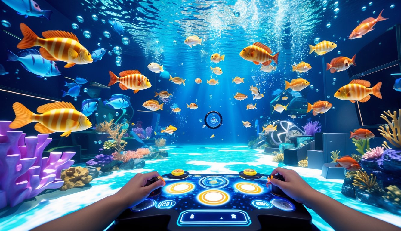 Adegan permainan tembak ikan dengan berbagai ikan berwarna-warni di lingkungan bawah laut yang hidup, menampilkan tangan pemain yang sedang mengendalikan permainan.