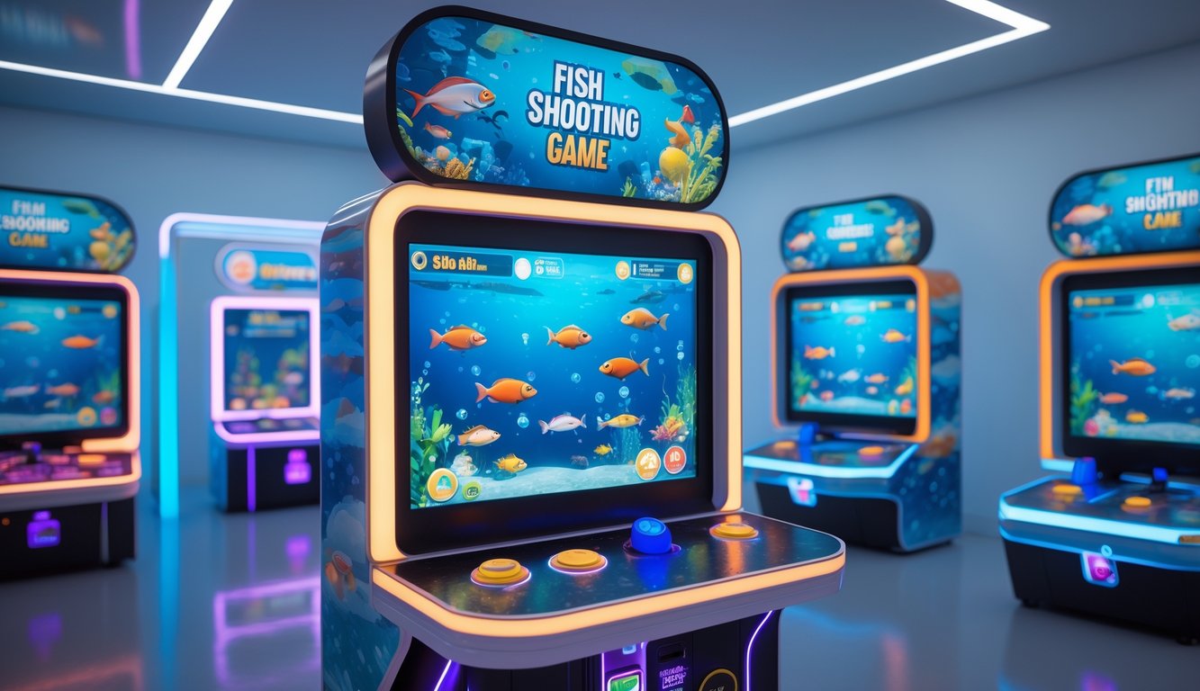 Mesin permainan arcade bertema tembak ikan dengan layar berwarna-warni dan lampu LED, menampilkan ikan-ikan animasi di dalam air dan ikon pembayaran digital di sekitarnya.