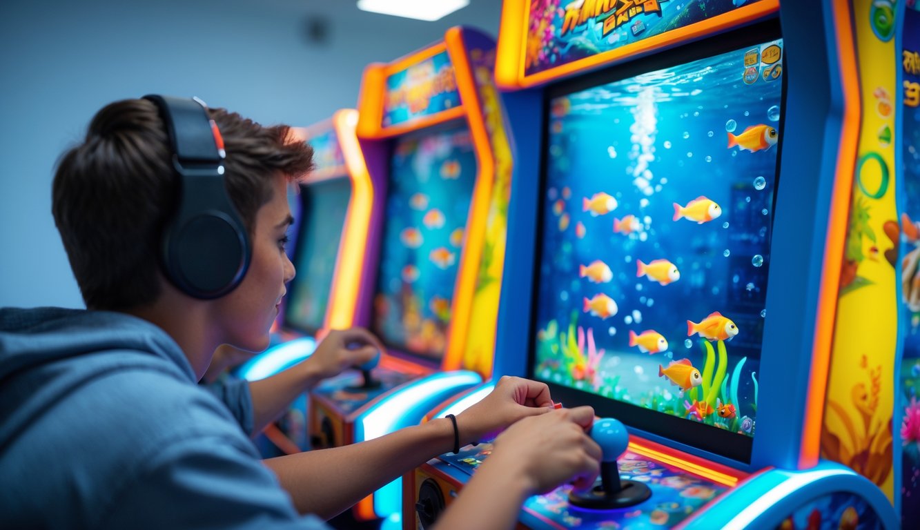 Seseorang sedang bermain mesin tembak ikan di arcade dengan fokus pada layar dan kontrol permainan.