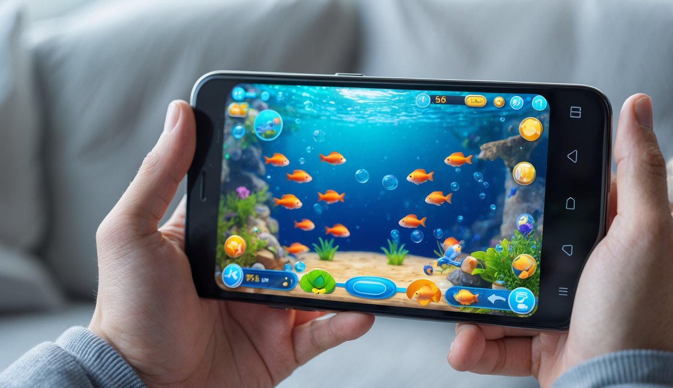 Seseorang memegang ponsel Android yang menampilkan permainan menembak ikan secara offline di layar.