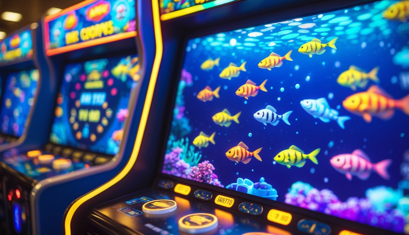 Mesin permainan tembak ikan dengan layar menampilkan ikan-ikan warna-warni dan indikator hadiah jackpot.
