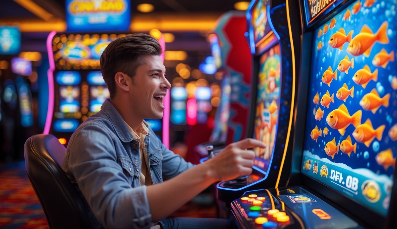 Seorang pemain muda sedang bermain mesin permainan tembak ikan di arcade dengan suasana ceria dan lampu berwarna-warni.