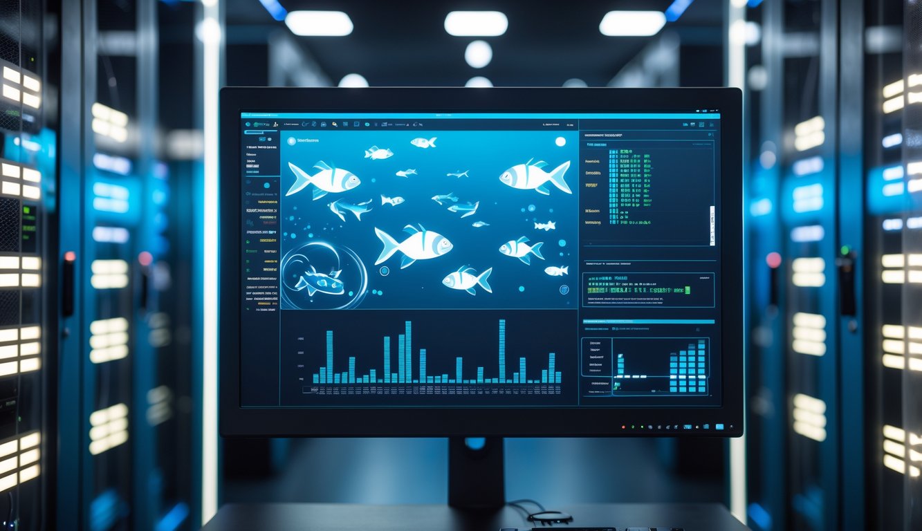 Ruang server modern dengan rak server berlampu dan layar digital yang menampilkan data permainan tembak ikan secara online.