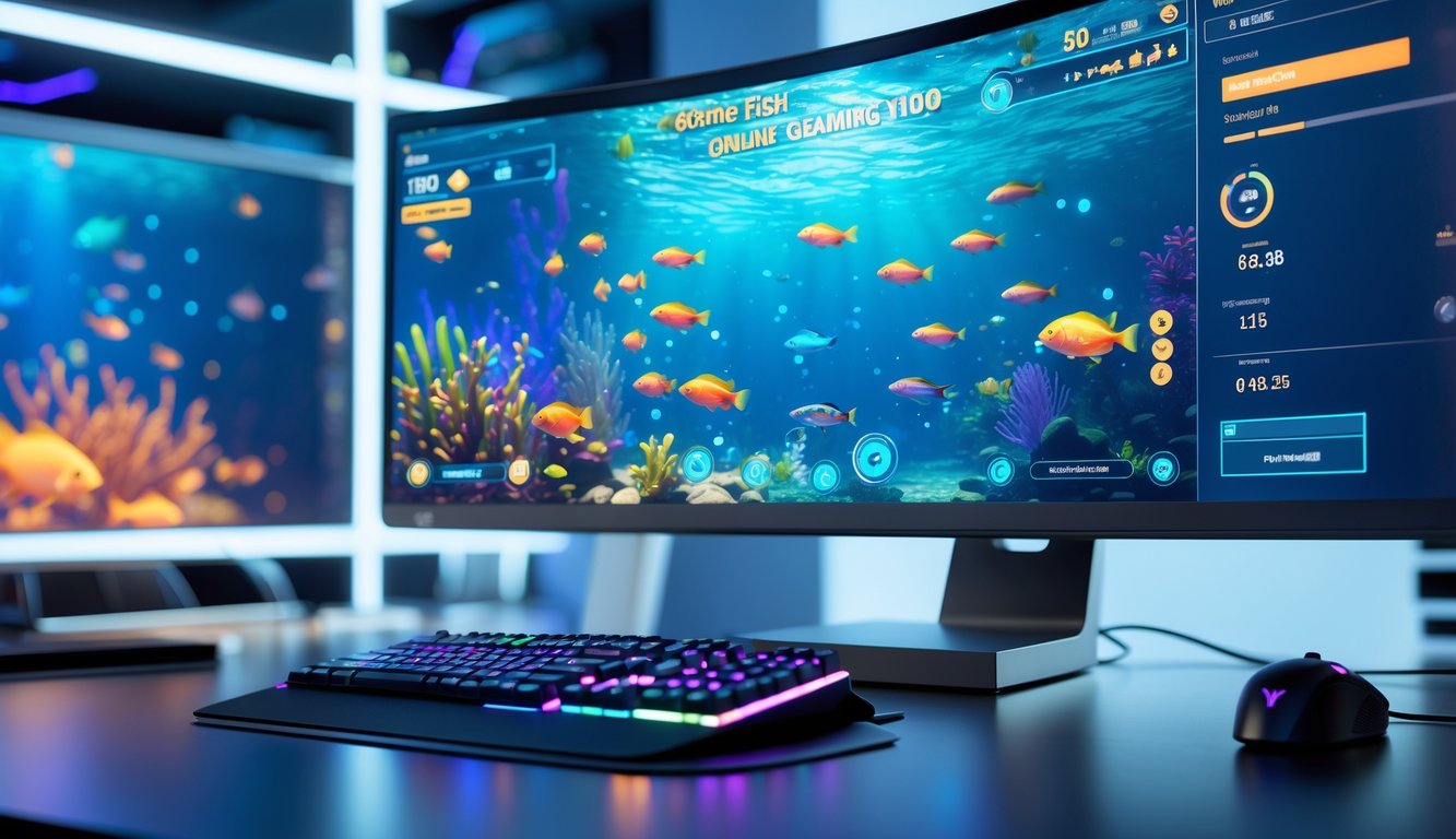 Sebuah meja kerja dengan monitor menampilkan permainan tembak ikan berwarna-warni di layar, dilengkapi dengan mouse dan keyboard di sekitarnya.