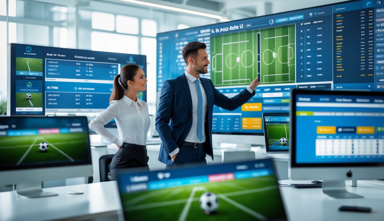 Seorang pria dan wanita berpakaian rapi sedang melihat layar digital yang menampilkan statistik dan skor pertandingan sepak bola di sebuah kantor modern.
