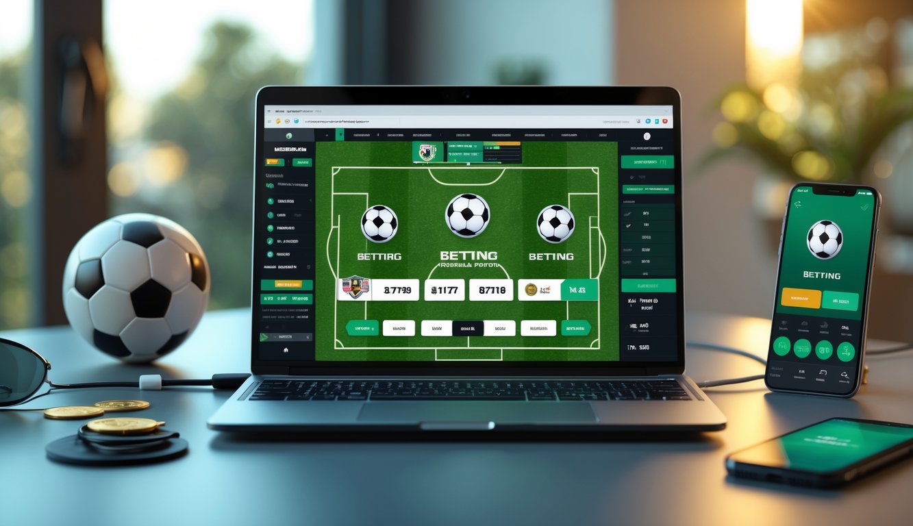 Seorang pria menggunakan laptop dengan tampilan situs taruhan bola online di meja kerja yang rapi, di sekitar ada bola sepak dan ponsel.