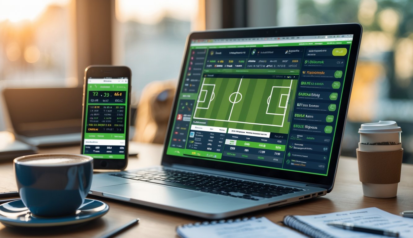 Seorang pria menggunakan laptop dengan tampilan situs taruhan olahraga online di meja kerja modern.