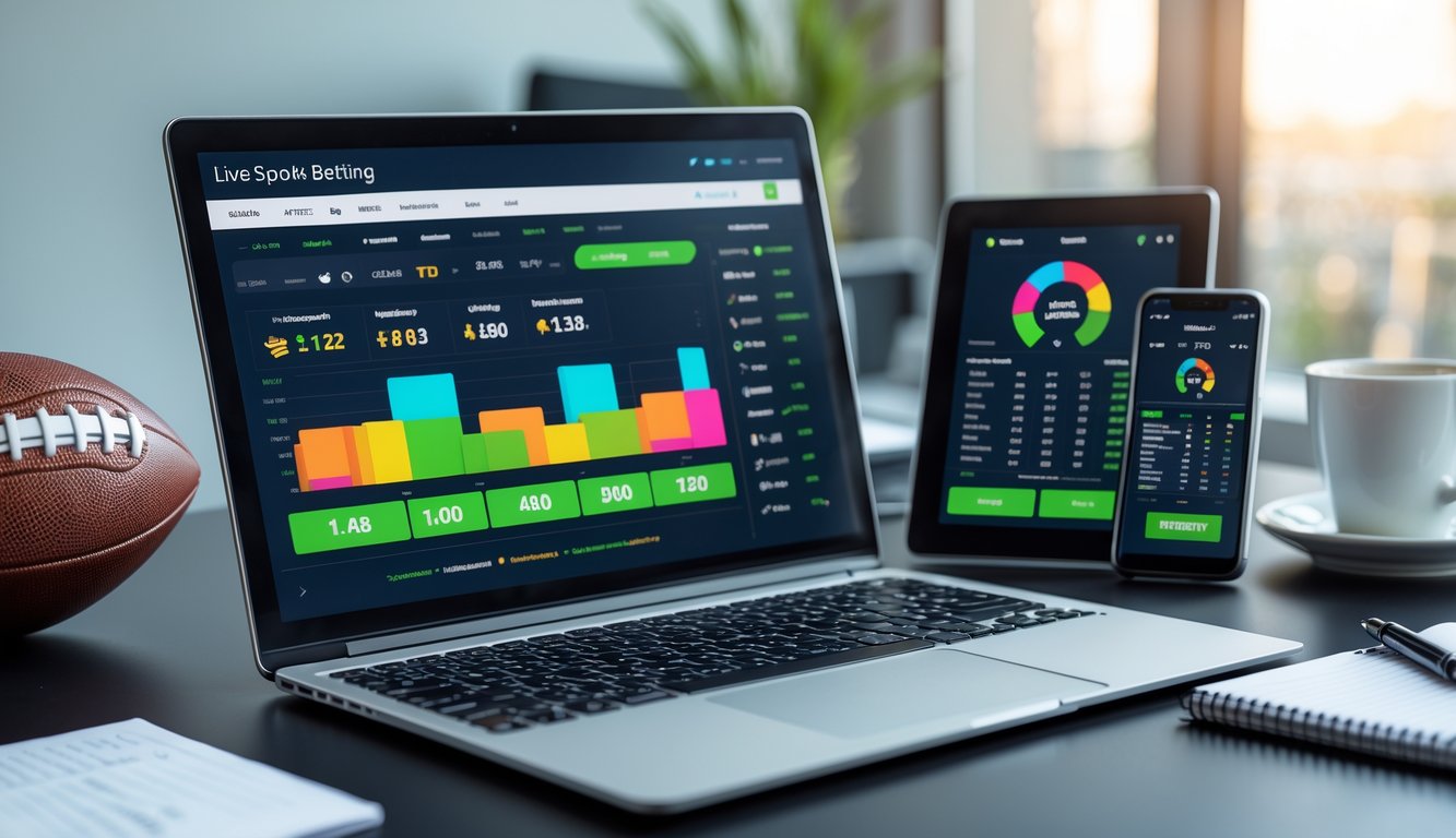 Meja kerja modern dengan laptop, smartphone, dan tablet yang menampilkan aplikasi taruhan bola online, dilengkapi bola sepak dan cangkir kopi di sekitarnya.