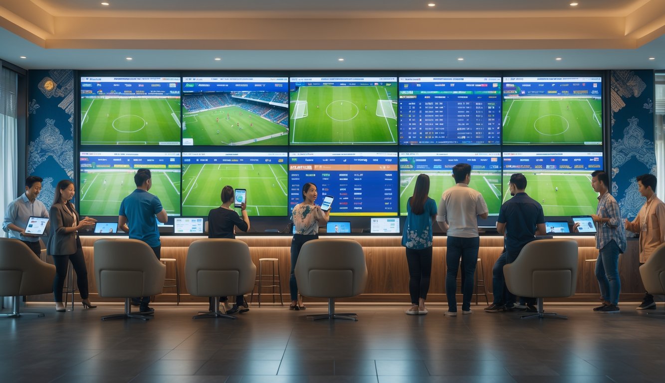 Sekelompok orang sedang melihat layar besar yang menampilkan pertandingan sepak bola dan statistik taruhan di dalam ruangan modern.