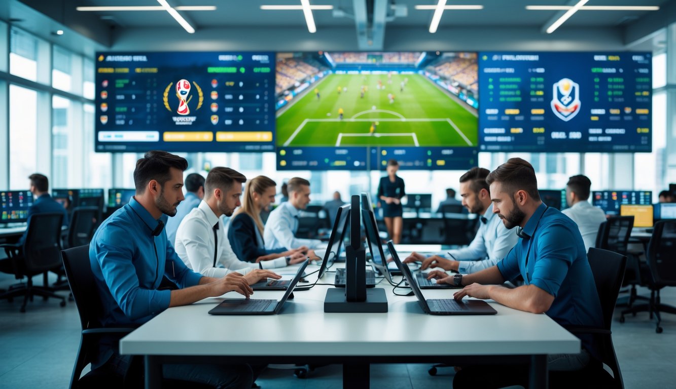 Suasana kantor agen taruhan olahraga dengan beberapa layar besar menampilkan pertandingan sepak bola Piala Dunia 2025 dan staf yang sedang bekerja dengan komputer dan tablet.