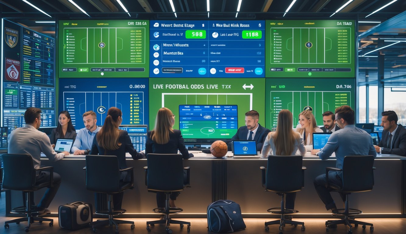 Orang-orang fokus melihat layar besar yang menampilkan statistik dan peluang pertandingan sepak bola secara langsung dalam ruangan modern.